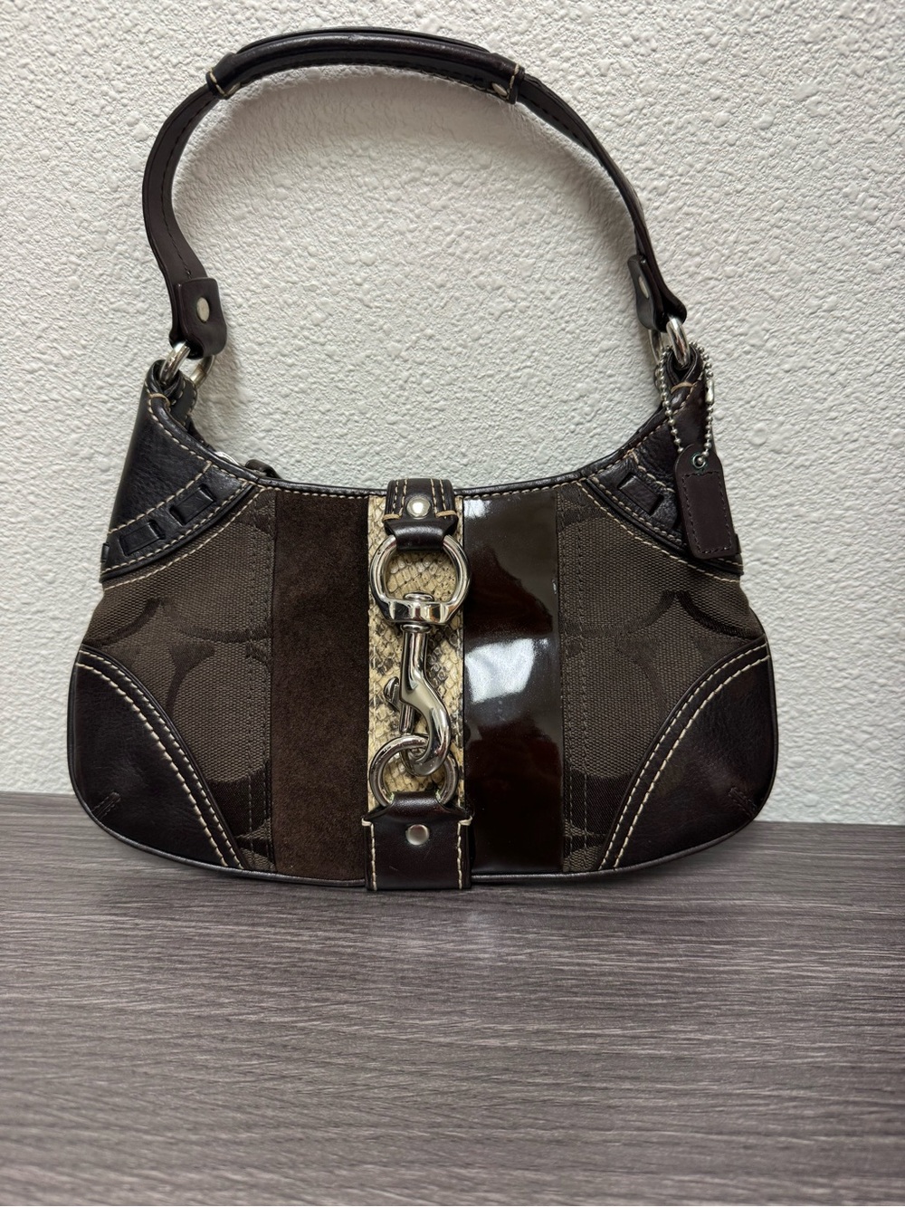 Coach Dark Brown Mini Hampton Patchwork Shoulder Bag with Decorative Hardware